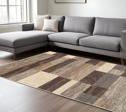 12' Beige Slate Gray And Brown Patchwork Runner Rug